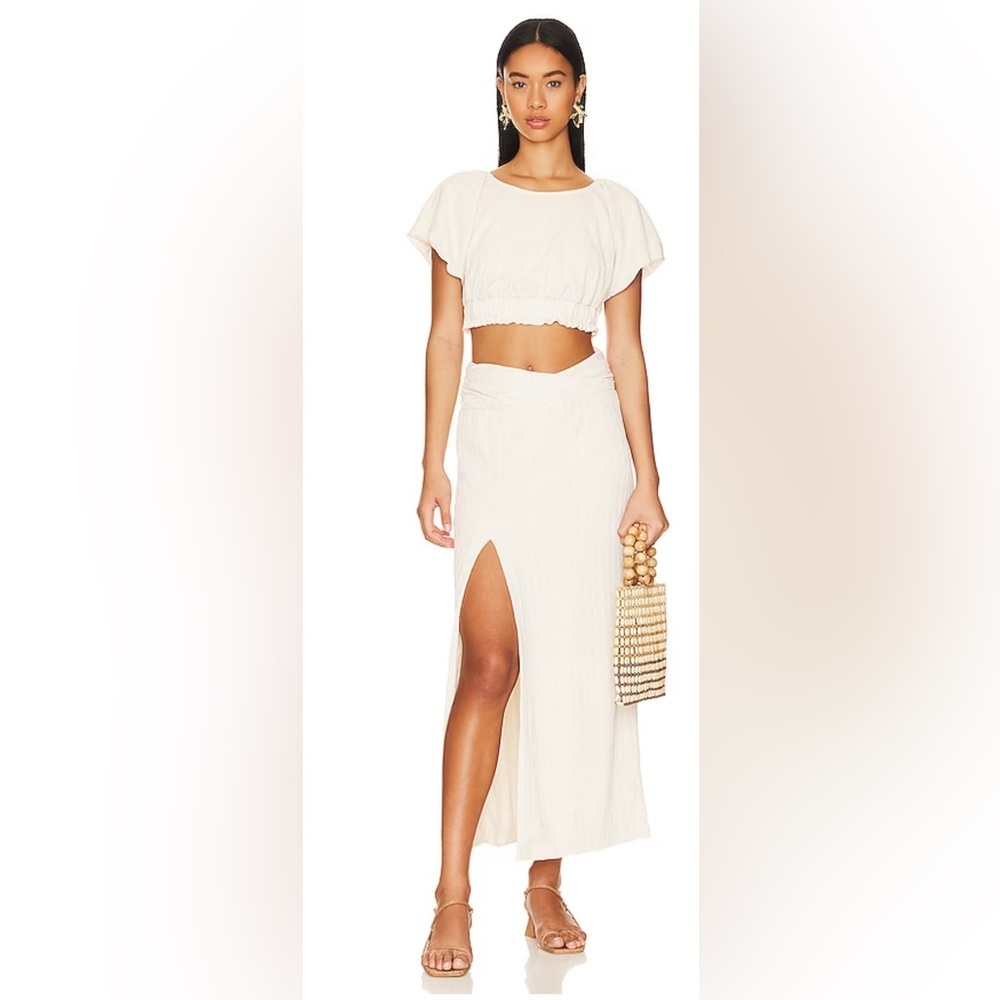 Free People Tova Set In Tofu Beige 2 Piece Crop Slit Maxi Skirt Boho Sz L 0657